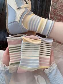 4 Pairs Korean Ins-Style Colorblock Striped Crew Socks, Retro Contrast Cuff Socks With School Vibe - Multicolor - View 8