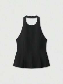 Top corto con cuello de halter y espalda descubierta, color amarillo mantequilla, para verano - Negro - Ver 6