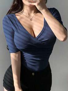 Camiseta de mujer con cuello en V ajustada y sexy, tops para salir en primavera/verano - Azul marino - Ver 7