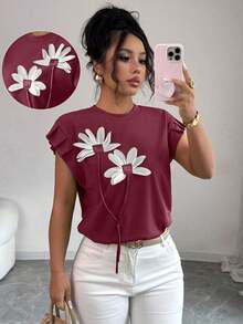 Camiseta casual de mujer con cuello redondo, manga de murciélago plisada y aplicaciones, para verano - Burdeos - Ver 1