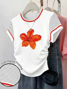Set de 3 blusas de mujer con estampado de rayas, cuadros y gráficos, de manga corta y con efecto de cintura ceñida - Multicolor 15 - Ver 5