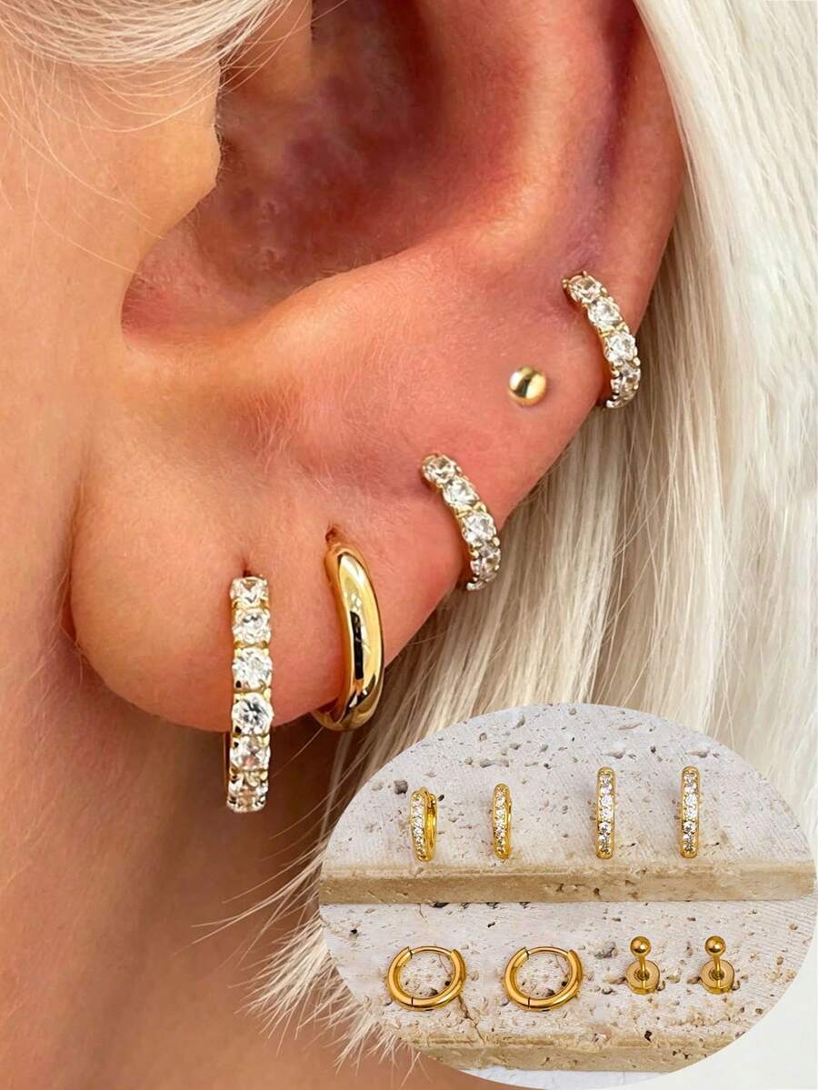 4 Pairs Stainless Steel Hoop Earrings CZ Stud Stackable Earring Set For Women, Dainty 14K Gold Plated Minimalist Huggie Hoop Earrings Tiny Ball Flat Back Stud Earrings For Lobe Cartilage Helix For Multiple Piercing Jewelry For Girl Men Women Daily Wear Party Festival Holiday - Gold - View 1