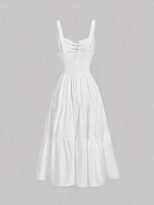 MOD Vestido de tirantes unicolor con cordón bajo con fruncido - Blanco - Ver 2
