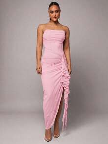 Vestido elegante de primavera y verano temprano con estampado floral verde, cuello fruncido, manga abullonada y abertura alta, también adecuado para el Día de San Valentín, citas, ocasiones románticas;talla grande vestido ajustado de encaje para mujeres, vestido para el Día de San Valentín, vestido de fiesta, vestido para citas románticas, vestido de dama de honor, vestido de noche, vestido para el trabajo, vestido de cumpleaños, vestido de noche elegante para mujeres, vestidos elegantes para mujeres, vestidos para mujeres, vestidos de fiesta para mujeres, vestidos formales para mujeres, vestidos de verano para mujeres - Rosa Pálido - Ver 8