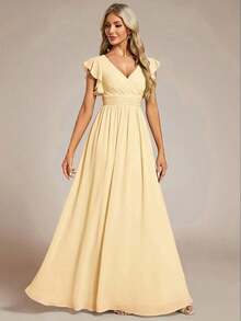 Vestido de dama de honor de gasa, diseño con escote en V plisado de manga corta, espalda abierta drapeada y bajo asimétrico, adecuado para bodas, uso vacacional, vestido de madre de la novia en primavera - Amarillo - Ver 4
