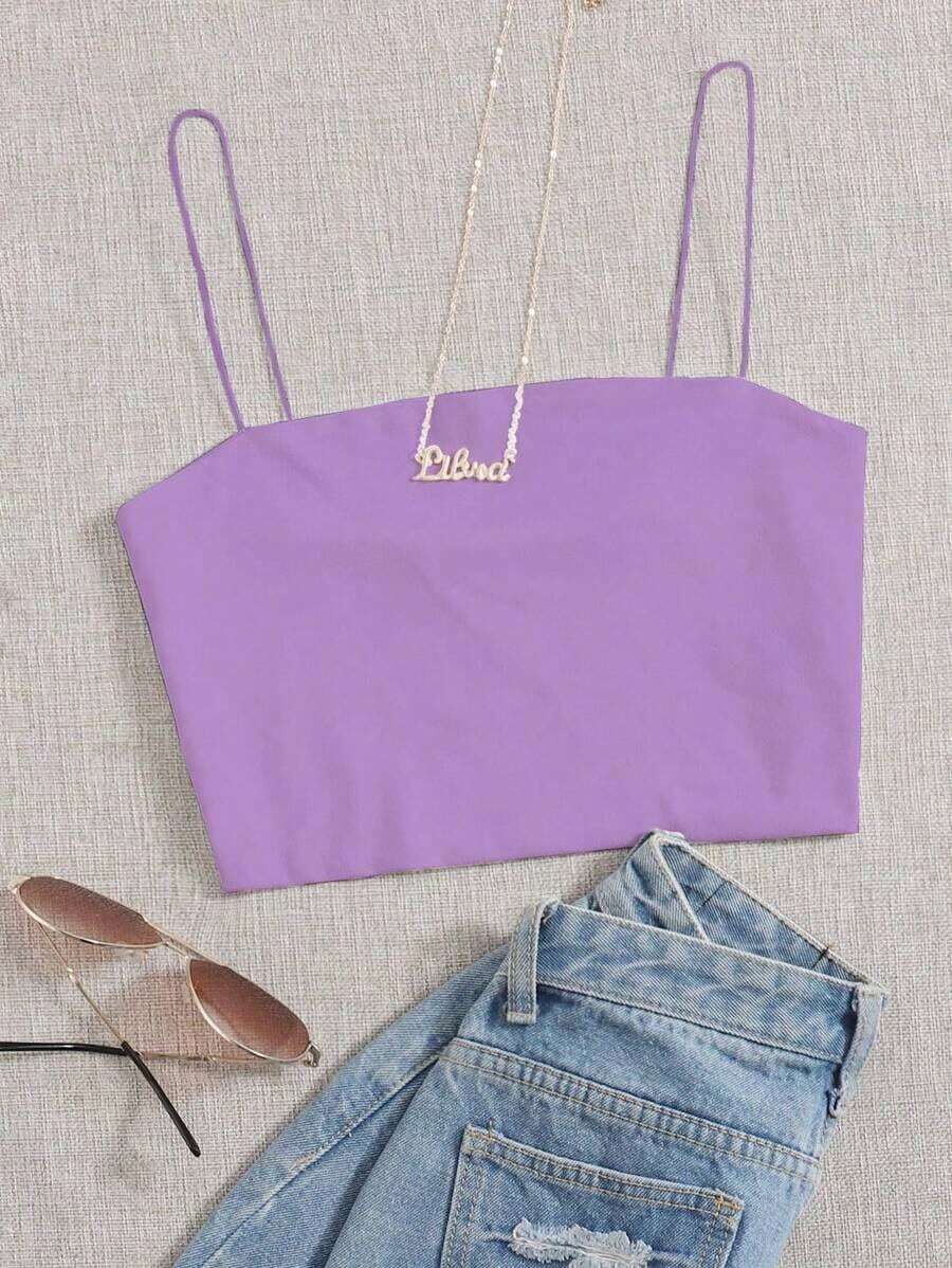 Top corto de tirantes delgado unicolor - Morado - Ver 1