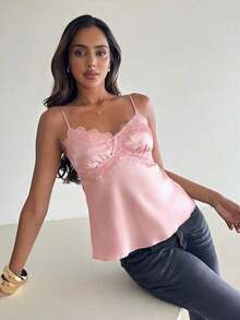de satén con parches de encaje elegante y sexy para mujer - Rosa vieja - Ver 6