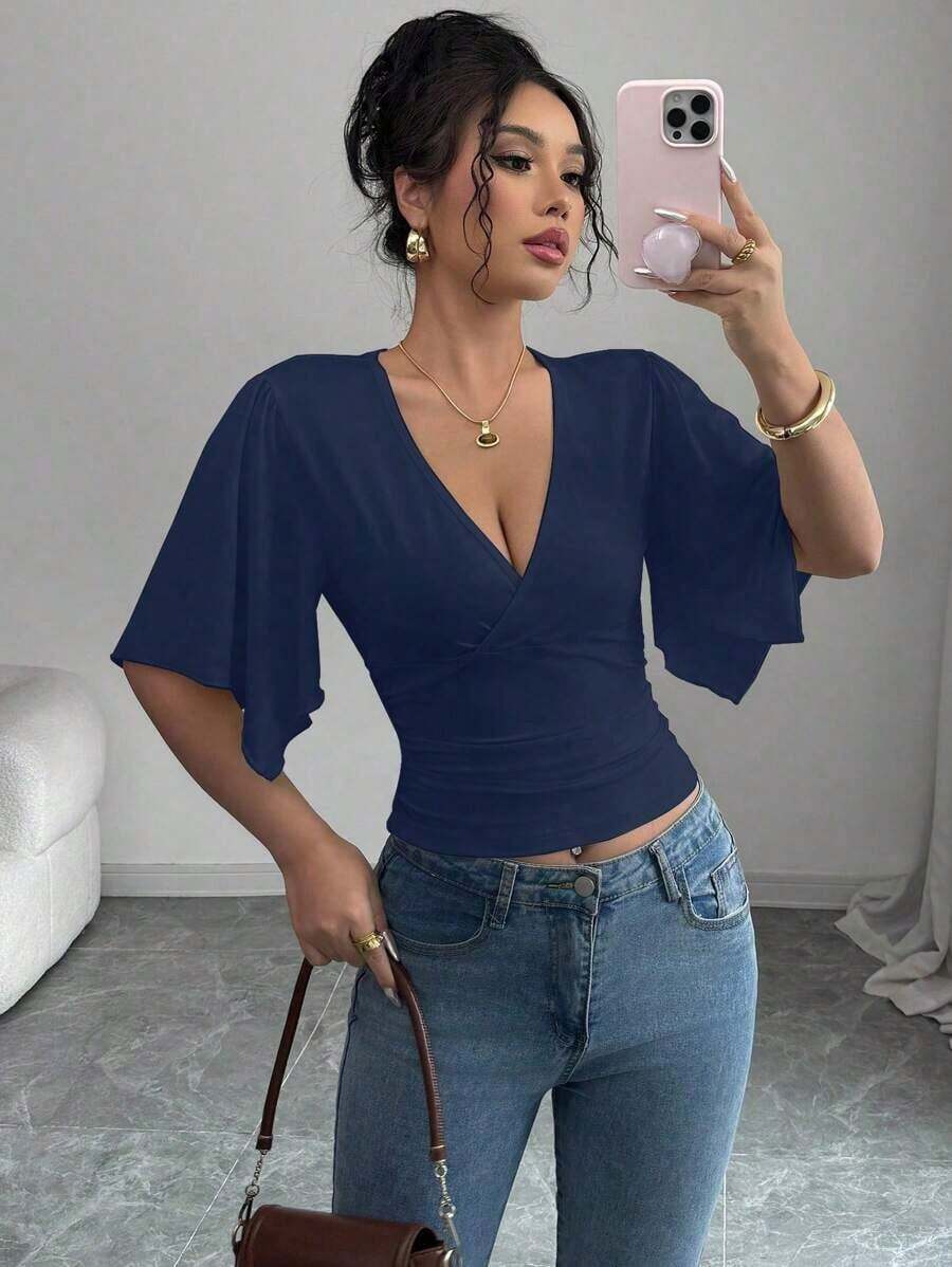 Top corto informal con mangas cortas y volantes asimétricos para vacaciones - Azul marino - Ver 1