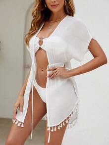 Kimono ribete con fleco de cintura con cordón de manga murciélago - Blanco - Ver 4