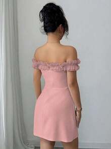 Vestido midi romántico para mujer con hombros descubiertos y corte en la cintura - Rosa Pálido - Ver 2