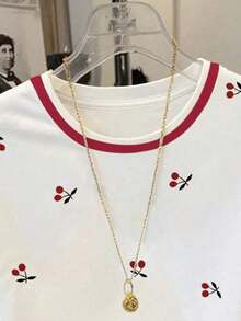 Camiseta casual para mujer, gris, nuevo diseño de verano, cuello redondo, estampado de cerezas dulces, diseño gráfico, estilo estudiantil, ajuste versátil minimalista, adecuado para uso diario, al aire libre, viajes, cómodo, esencial para mujeres - Multicolor 8 - Ver 3