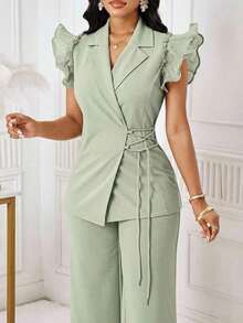 Conjunto de traje de mujer con blazer de manga con volantes rosa y pantalones elásticos de cintura alta para otoño/invierno - verde menta - Ver 3