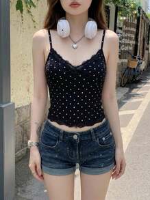 Rikumo 夏季美式复古甜美蕾丝拼接波点印花修身吊带背心，适合街头、约会、度假和外出休闲穿着，黑色 - 查看 1