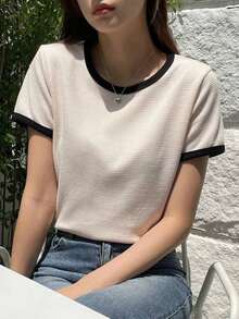 Camiseta casual de mujer de manga corta, simple y de moda para uso diario, ropa de vuelta a la escuela - Beis - Ver 2
