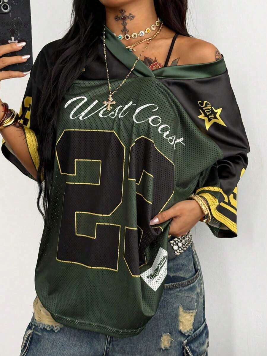 Camiseta de béisbol rosa con gráficos de malla transpirable de talla grande para mujer, para primavera/verano, festivales, salir y usar en la calle, con estilo vintage - Negro 2 - Ver 1
