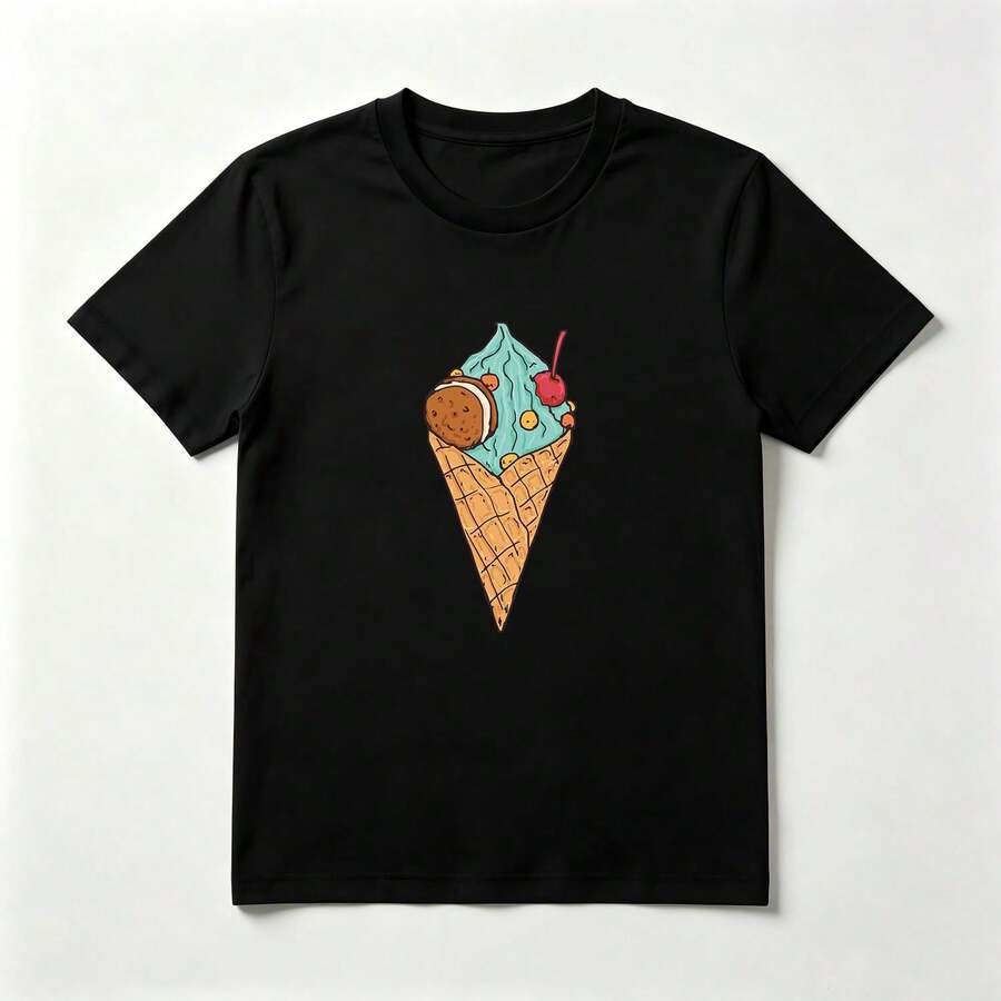 Cono de Helado Menta Playera de Algodón Negro Divertida Veraniega - Negro - Ver 1