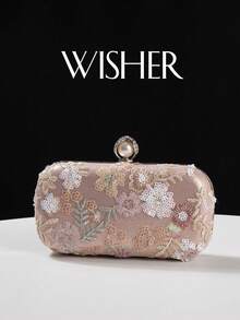WISHER Elegant Versatile Sparkling Charm Embroidered Floral Evening Clutch Bag, Shimmering Sequin Random Floral & Leaf Design Detachable Chain Clutch, Suitable For Wedding, Party, Cocktail, Formal Occasions And Daily Use - Pink - View 7