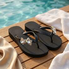 Women's Crystal Rhinestone Bow Thong Sandals, Black Square Toe Non-Slip Flat Design, Soft Bottom Comfortable Slide Slippers For Summer, Suitable For Beach, Wedding, Pool, Daily Commute - Black - View 12