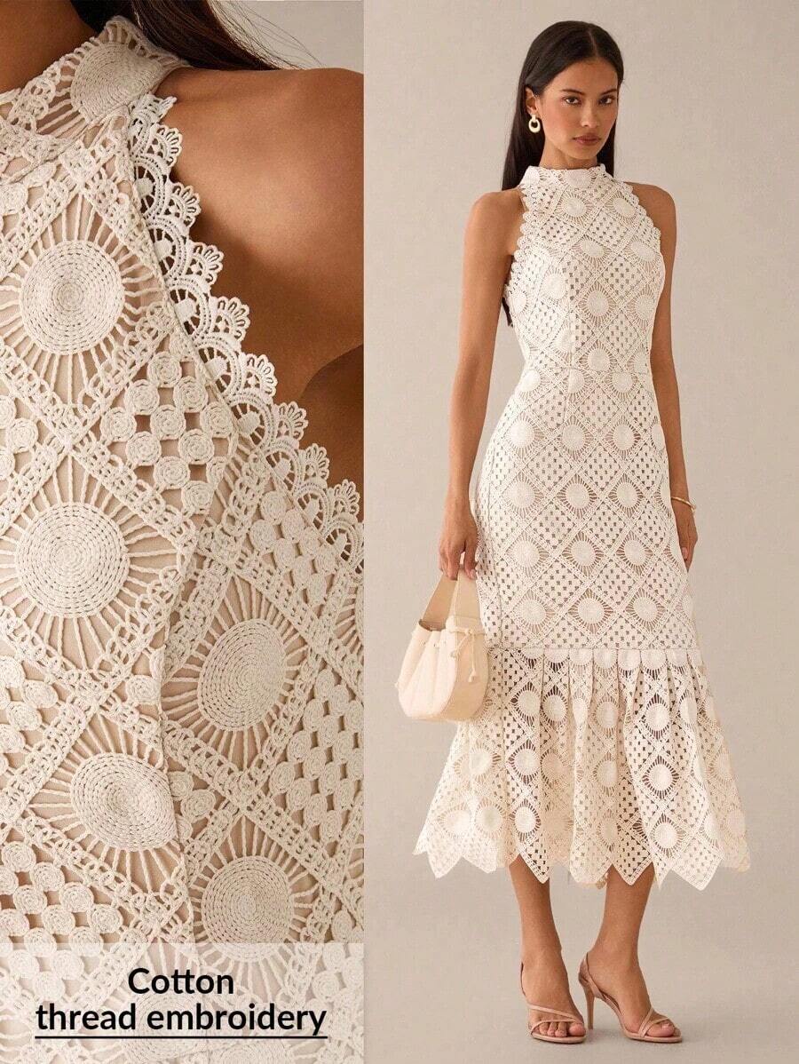 Vestido elegante sin mangas con cintura ceñida para mujer - Albaricoque - Ver 1