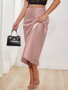 Falda en A de satén elegante y versátil para mujer - Rosa Oxidada - Ver 3