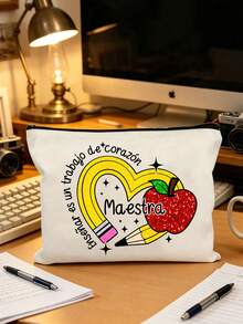 Maestra Theme Makeup Bag Set, Spanish Teacher's Day Gift Makeup Bag, "Gracias Maestra" Floral Heart Print Canvas Zipper Bag, Maestra Letter Pattern Makeup Bag, Floral Print Zipper Women's Makeup Bag, Gift For Her, Suitable For Women's Cosmetic Storage, College Dorm Cosmetic Storage, Women's Travel, Gift Bag, Teacher's Day Gift Bag - Multicolor - View 13