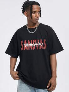 Camiseta de Algodón Puro con Estampado de Cruz para Hombre SANSYAS - Casual, Transpirable, Lavable a Máquina, Cuello Redondo, Adecuada para Uso Diario - Negro - Ver 1