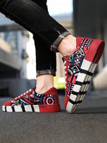 Men's Lace-Up Casual Canvas Sneakers With Random Graffiti & Colorblock Letter Print - Black and Red - View 5