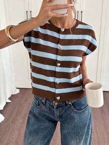 Women's New French Minimalist Knit Short Sleeve Top, Spring/Summer - Light Brown and Blue - View 4