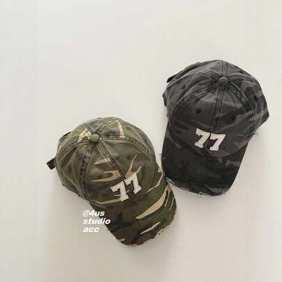 Men Women Y2K Retro Ripped Camo Baseball Hat, Number 77 Patch Destroyed Brim Soft Top Vintage Washed Cotton Adjustable Back Strap, Casual Daily Outdoor Sports Dad Cap