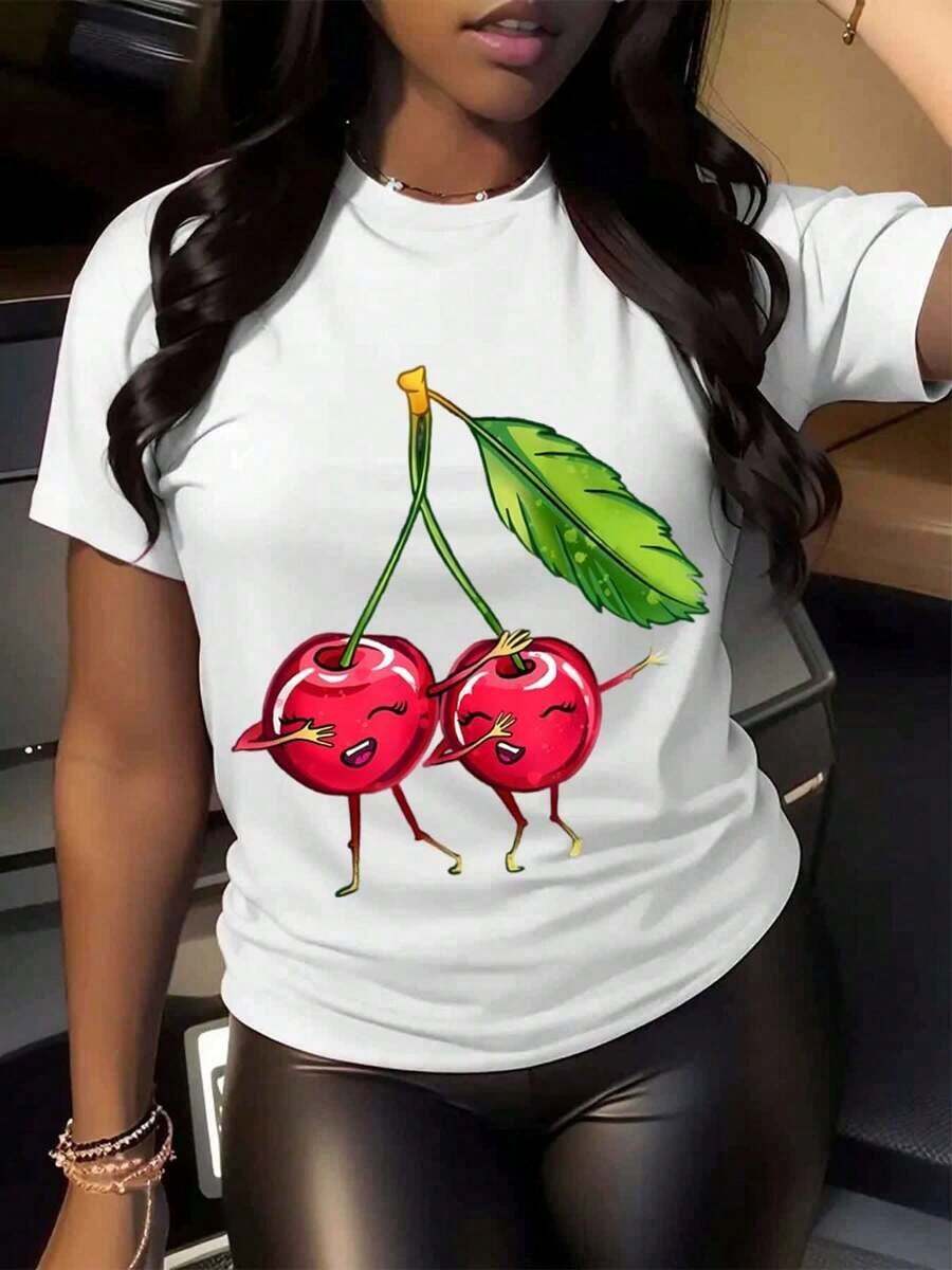 Camiseta con Estampado de Pareja de Cerezas para Mujer - Diseño Divertido de Frutas, Ropa Casual de Verano, Perfecta para Salidas Diarias y Ambiente de Playa, Es el Mejor Regalo para Amigas, Tela de Algodón de Baja Elasticidad (Tallas L-5XL). Adecuado como regalo.playera de mujer.blusas>elegante.boho chic,Top de mujer suave, transpirable y cómodo, ideal para primavera, verano y otoño, perfecto para vacaciones, viajes y uso diario. - Blanco - Ver 1
