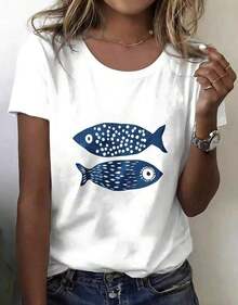 Women's Casual Holiday T-Shirt 2026, White Crew Neck T-Shirt With Fish Print, Women's Casual Summer Top, Summer Clothes Y2K 6TFE - 白色 - 查看 6