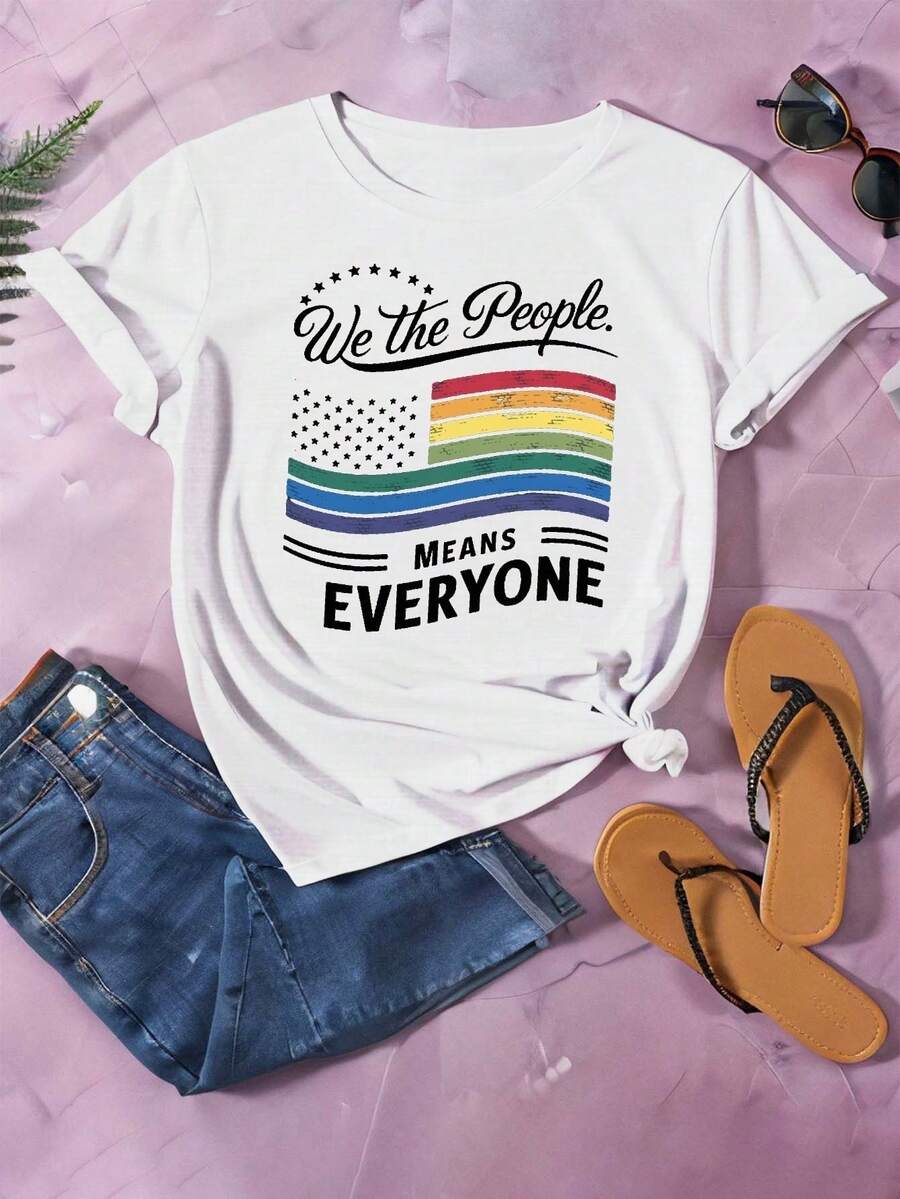 1 Piece Of Women's Multi-Pride T-Shirt | T-Shirt With The Design "We The People Means Everyone", With The American Flag And Rainbow Stripes, Casual And Comfortable Fit, Machine Washable, Black Color, Suitable For Spring And Autumn, Short Sleeve, Material 180g 100% Cotton. - 白色 - 查看 1