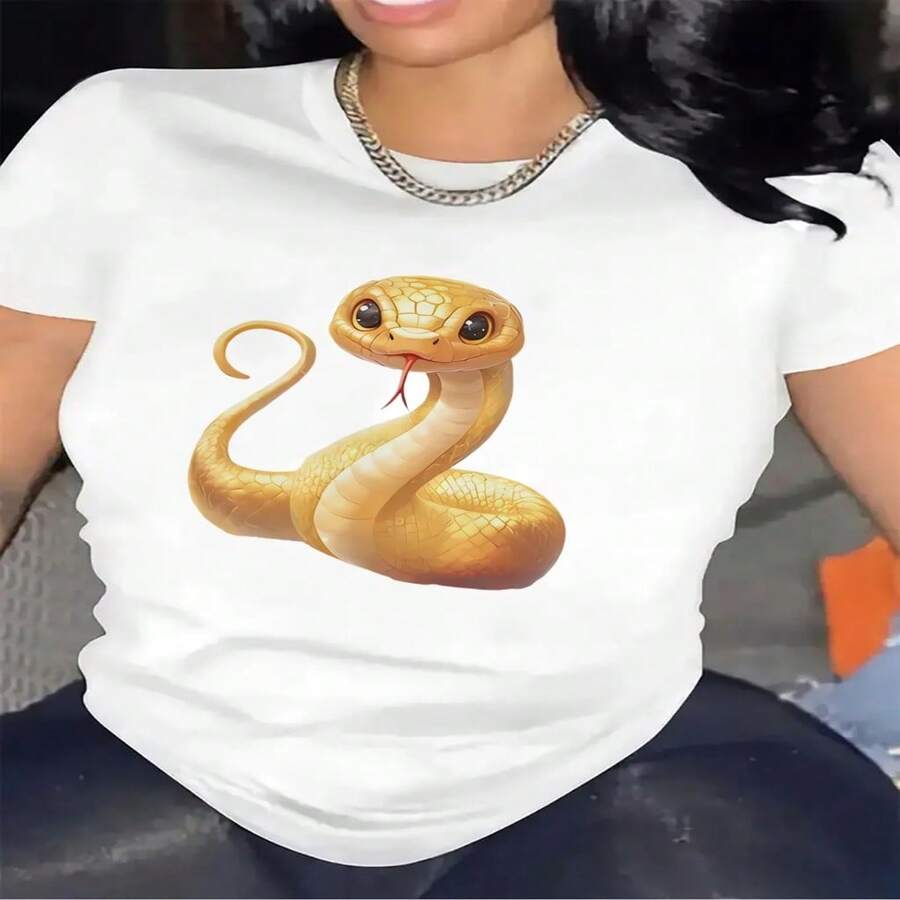 Women's Cute Cobra Graphic Tee Shirt Casual Short Sleeve Round Neck Cotton Top Chic Summer Style - 白色 - 查看 1
