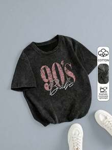 1 Piece Women's Plus Size 80s Retro Graphic T-Shirt - Loose Fit, Large Letter Print, Casual, Short Sleeve, Crew Neck, Machine Washable, Comfortable, Relaxed Fit, Fun Design, Cotton Fabric, Suitable For Daily Wear, Urban Retro Style, Black, Summer, 180g, 100% Cotton - 黑色 - 查看 4