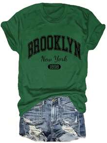 Mother's Day Set, Plus Size 100% Cotton Letter Print T-Shirt, Casual Short Sleeve Crew Neck Top, Suitable For Summer And Spring, Plus Size Women's Clothing, Breathable Cotton T-Shirt, Vintage Crop Top That Goes With Everything - 綠色 - 查看 1