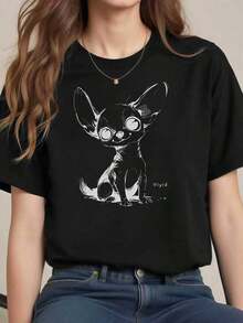 Fashion Printed T-Shirts For Women, Oversized Streetwear Tops, Comfortable And Stylish All-Match Summer Tees. Chihuahua Print T-Shirt For Women, 220g Cotton, Casual Summer Crew Neck Short Sleeve (1 Piece) - 黑色 - 查看 5