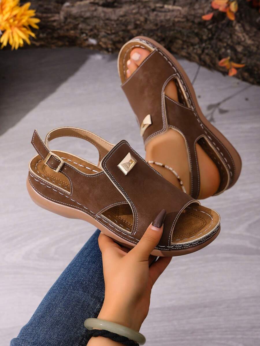 2026 New Plus Size Wedge Open Toe Sandals, Women Fashion Hollow Out Comfortable Lightweight Casual Versatile Sandals - Brown - View 1