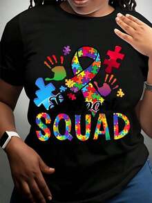 Women's Cotton T-Shirts, Colorful Puzzle Ribbon Design For Autism Awareness Support Team, Ideal For Autism Awareness Month And Community Events, Women's Basic Blouses. - 黑色 - 查看 7