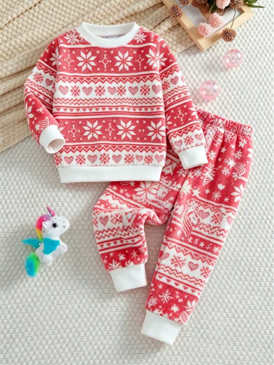 Young Girl Fluffy Casual Pants Set, Winter - Red - View 1