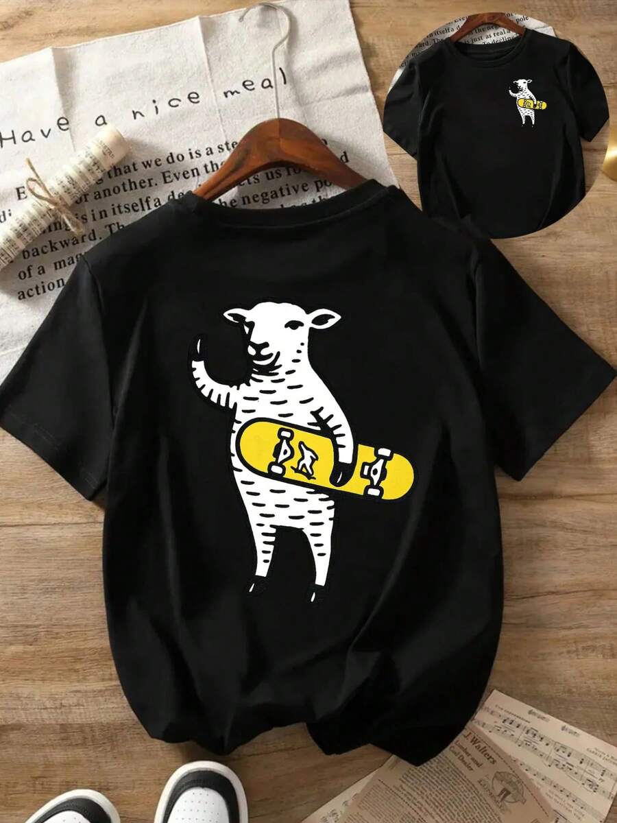 Women's Summer T-Shirt With Fun Goat On Skateboard Print, Short Sleeve, Round Neck, Soft And Comfortable, Casual Clothing - Urban Vintage Style, Unisex, Loose Fit Cotton Short Sleeve Round Neck T-Shirt - 黑色 - 查看 1