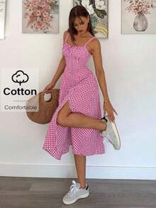 Vestido a media pantorrilla con tirantes a cuadros para mujeres, de moda y apropiado para el verano - Rosa - Ver 1