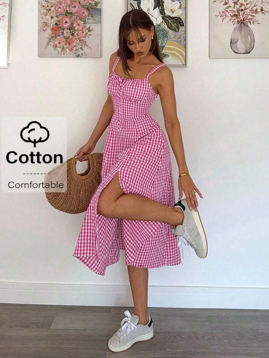Vestido a media pantorrilla con tirantes a cuadros para mujeres, de moda y apropiado para el verano - Rosa - Ver 1