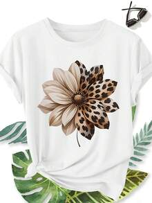 Women's Elegant Plus Size Short Sleeve Top, Half Leopard Print Half Dahlia Solid Pattern, Round Neck, Comfortable, Soft, Breathable, New Spring/Summer Short Sleeve Gift, Fashionable, Versatile, Retro Casual Style Travel Top - 白色 - 查看 1