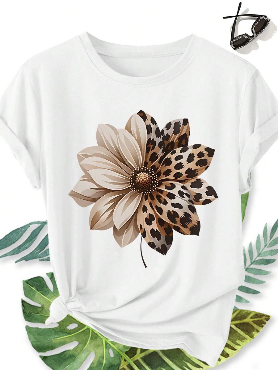 Women's Elegant Plus Size Short Sleeve Top, Half Leopard Print Half Dahlia Solid Pattern, Round Neck, Comfortable, Soft, Breathable, New Spring/Summer Short Sleeve Gift, Fashionable, Versatile, Retro Casual Style Travel Top - 白色 - 查看 1