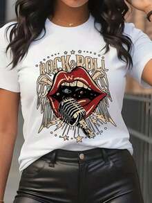 Women's T-Shirt With Vintage Rock Microphone Graphic Design - A Casual Short-Sleeved Crew Neck T-Shirt, Perfect For Summer Fashion, A Versatile Garment For All Seasons And Casual Wear - A Vintage Rock Design With A Comfortable Fit, Perfect For Rock 'n' Roll. Cool Summer Clothing For Women. - 白色 - 查看 1