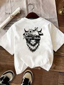 New Collection 2026: Cotton T-Shirt, Printed On The Front And Back, With A Cow Head Design With Sunglasses, Country Style, Short Sleeve And Round Neck For Women, Comfortable Fit, Classic Design, Fashion Item, Double-Sided Printed Top For Women. - 白色 - 查看 4