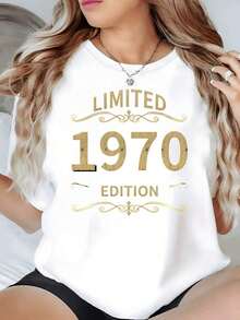 100% Cotton. Gold Text Celebrating The Year 1970 As A Limited Edition With Elegant Ornamental Details. Women's 100% Cotton 220g T-Shirt. Women's Simple Solid Color T-Shirt, Loose And Slim Fit Casual Short Sleeve - 白色的 - 查看 1