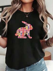100% Cotton. T-Shirt With A Graphic Print Of A Rabbit Silhouette Surrounded By Colorful Flowers, Short Sleeves And A Round Neck, Casual Top For Summer And Spring, Women's Clothing. Women's Simple Solid Color T-Shirt, Loose And Slim Fit Casual Short Sleeve - 黑色 - 查看 6