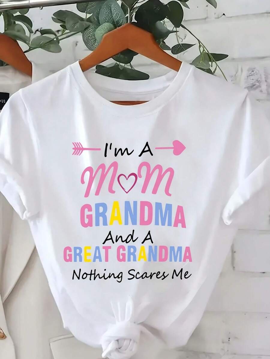 Women's Plus Size Casual Crew Neck T-Shirt, Slightly Stretchy Polyester Fabric, Short Sleeve Graphic Print For All Seasons, 100% Polyester, 180g/M² - "I'm A Mom, Grandma, Ex-Grandma" Design - 白色 - 查看 1