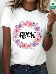 Women's Casual T-Shirt, 100% Cotton, White, Available In Various Sizes, With "GROW" Floral Print, Feminine Design, Suitable For Daily Use, Comfortable And Breathable. - 白色 - 查看 1